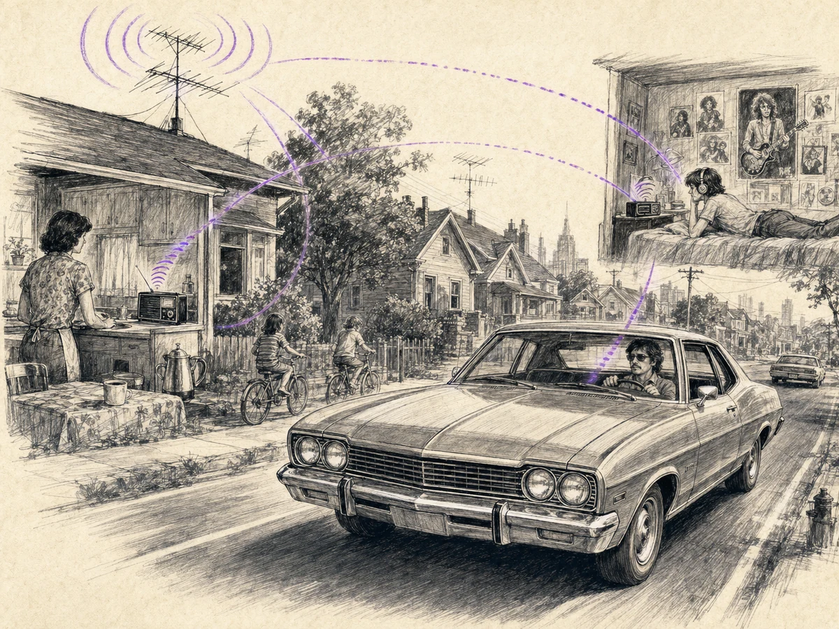 Bright charcoal neighborhood scene with rooftop antennas carrying the same purple radio waves into a kitchen, bedroom, and forward-moving 1977 car.