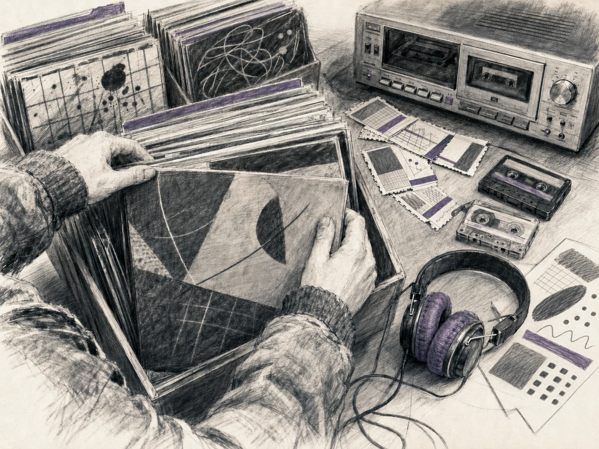 Hands search through records beside concert stubs, headphones, and a cassette deck in a crowded 1985 music collection.
