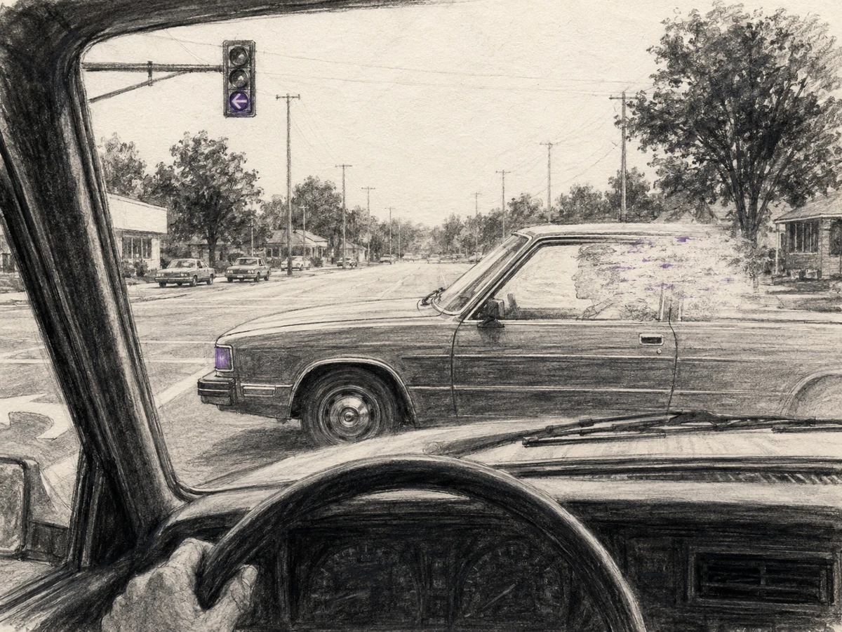 Two cars pass at an intersection while the remembered driver&rsquo;s profile dissolves into erased charcoal and unfinished paper.