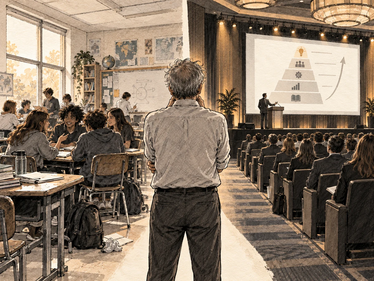 An older teacher standing between a messy working classroom and a polished education-conference stage.