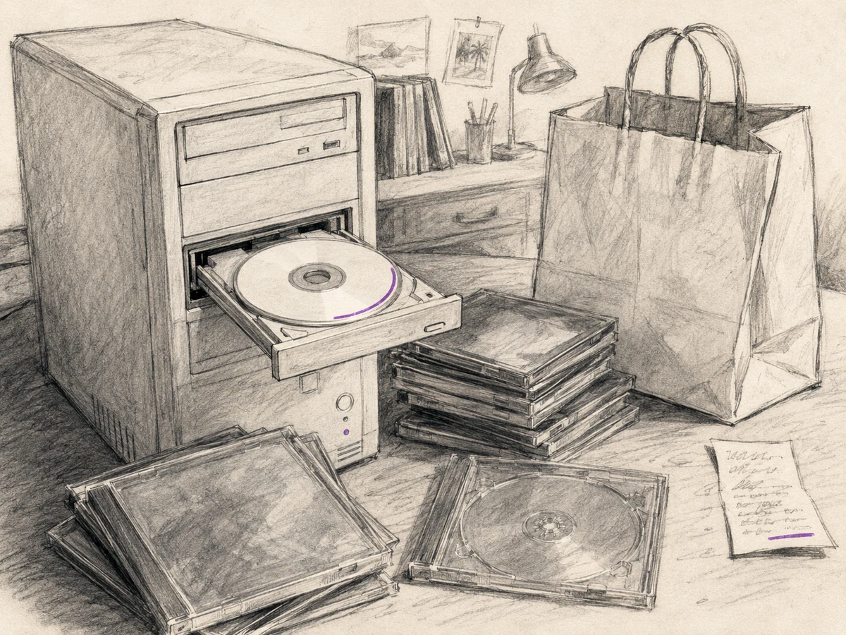 Bright charcoal sketch of a late-1990s CD burner, blank disc, jewel cases, record-store bag, and store-credit slip illustrating a buy-copy-trade cycle.