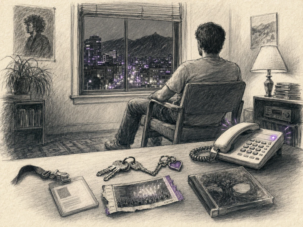 Bright charcoal sketch of a man sitting at a late-night Boulder apartment window while work, relationship, and concert tokens remain untouched on the table behind him.