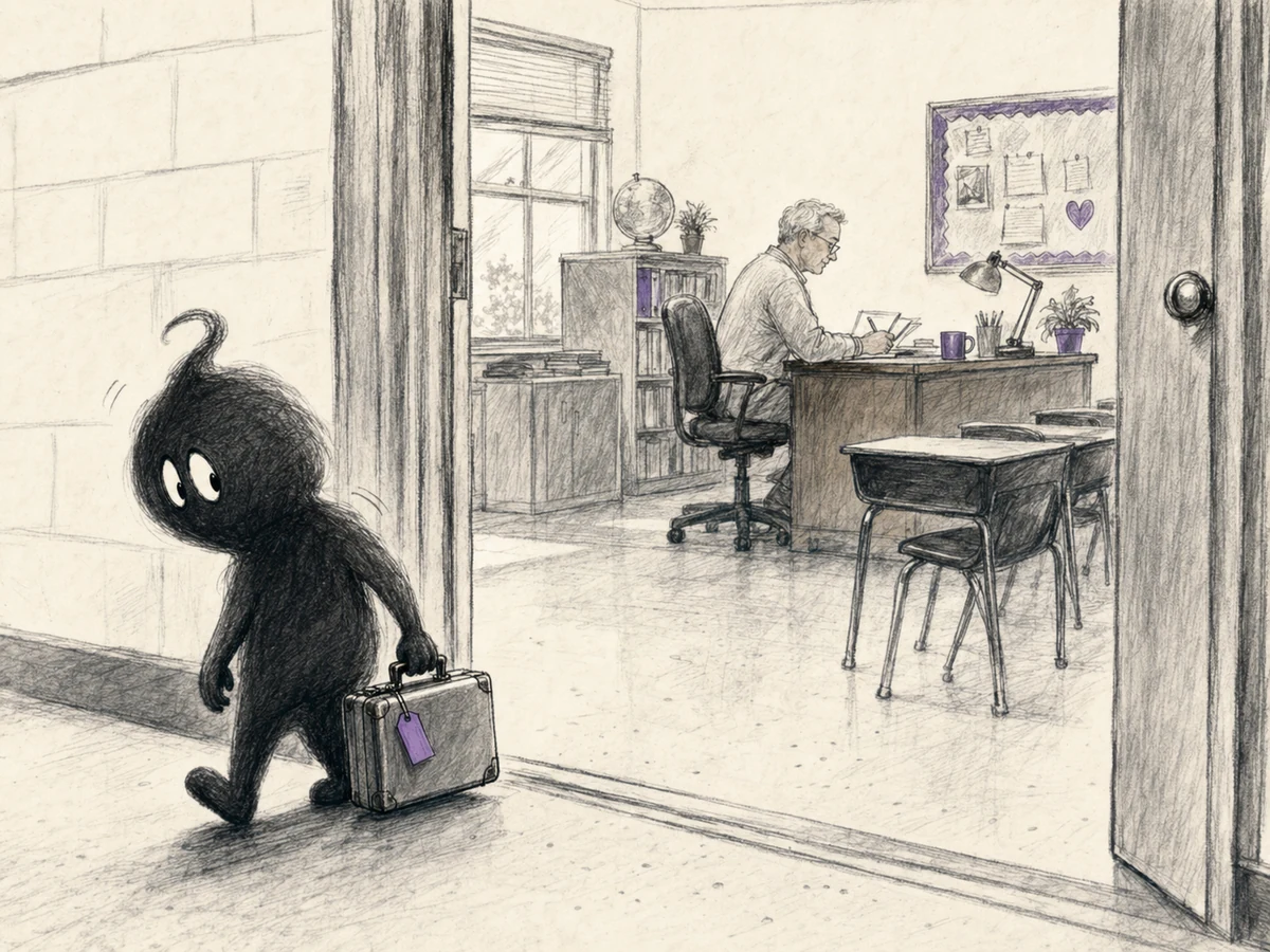 Charcoal sketch of the old back-to-school funk arriving with a suitcase, finding a calm teacher, and quietly leaving.