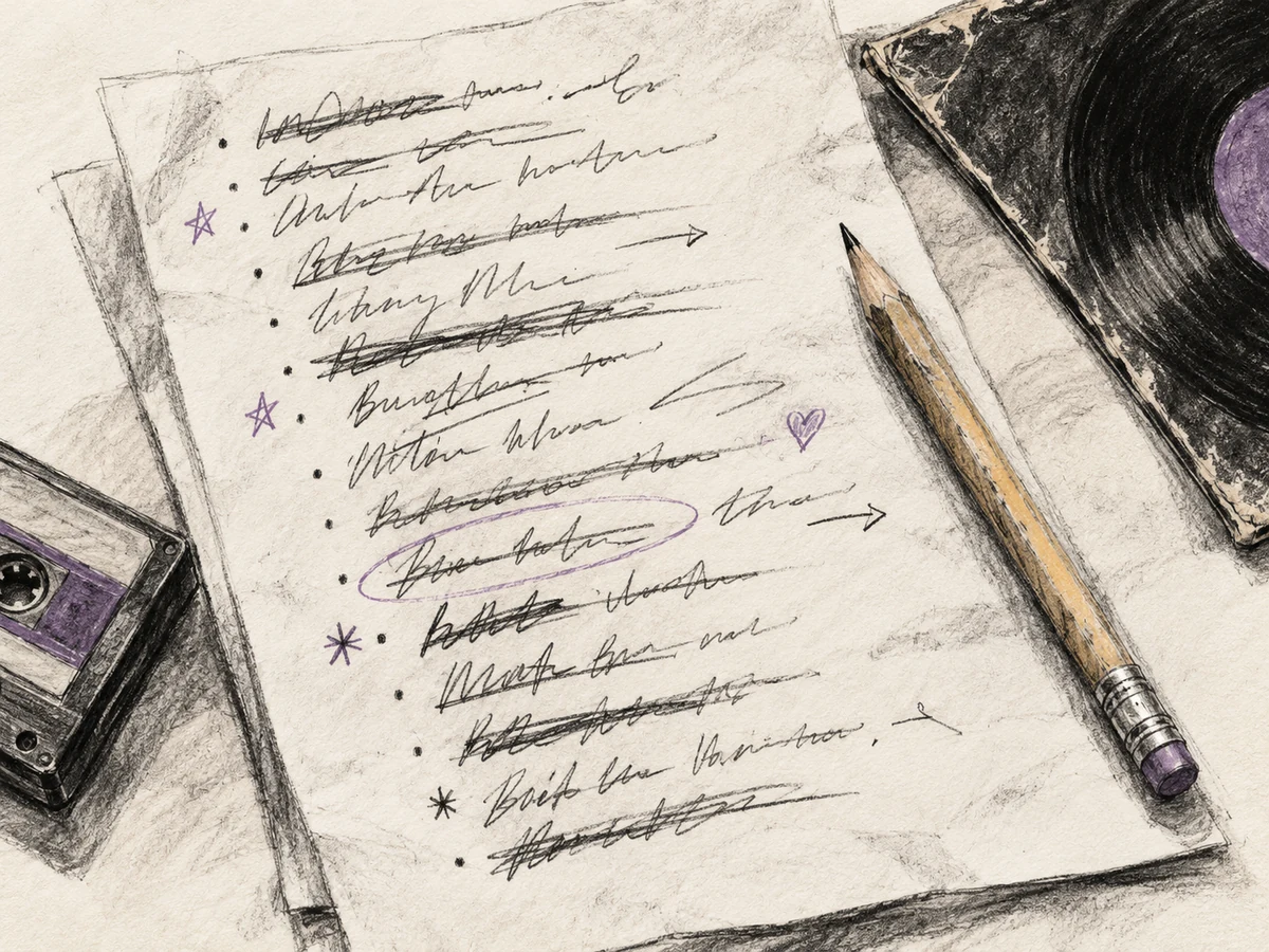 An untidy handwritten playlist with crossed-out and added entries, a pencil, a cassette, and a record.