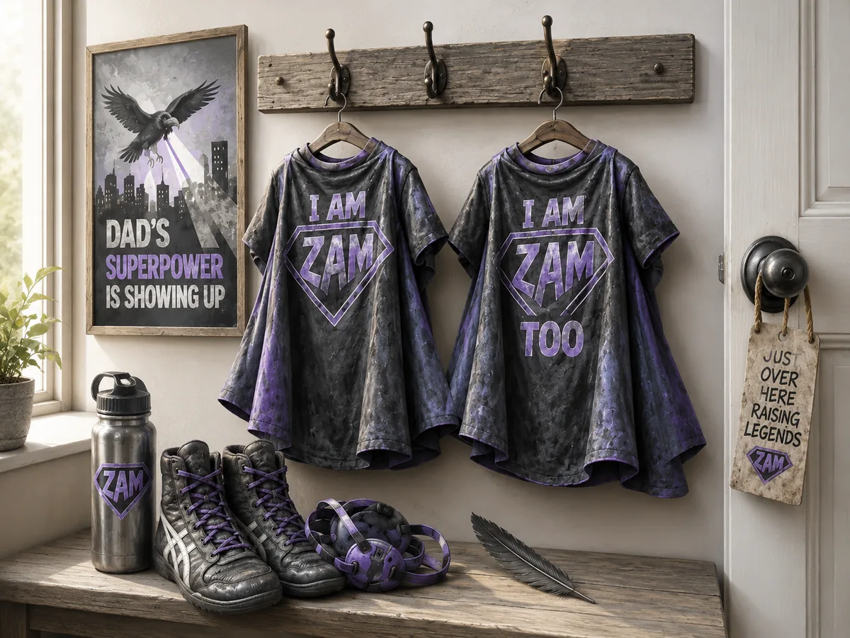 Two kid-sized superhero shirts hanging on hooks, one reading I AM ZAM and the other reading I AM ZAM TOO.